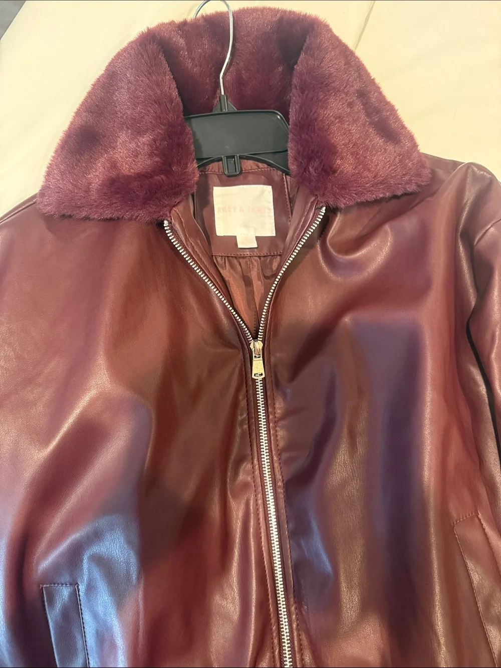 Women's Faux Leather Bomber Jacket with Faux Fur Collar - Burgundy